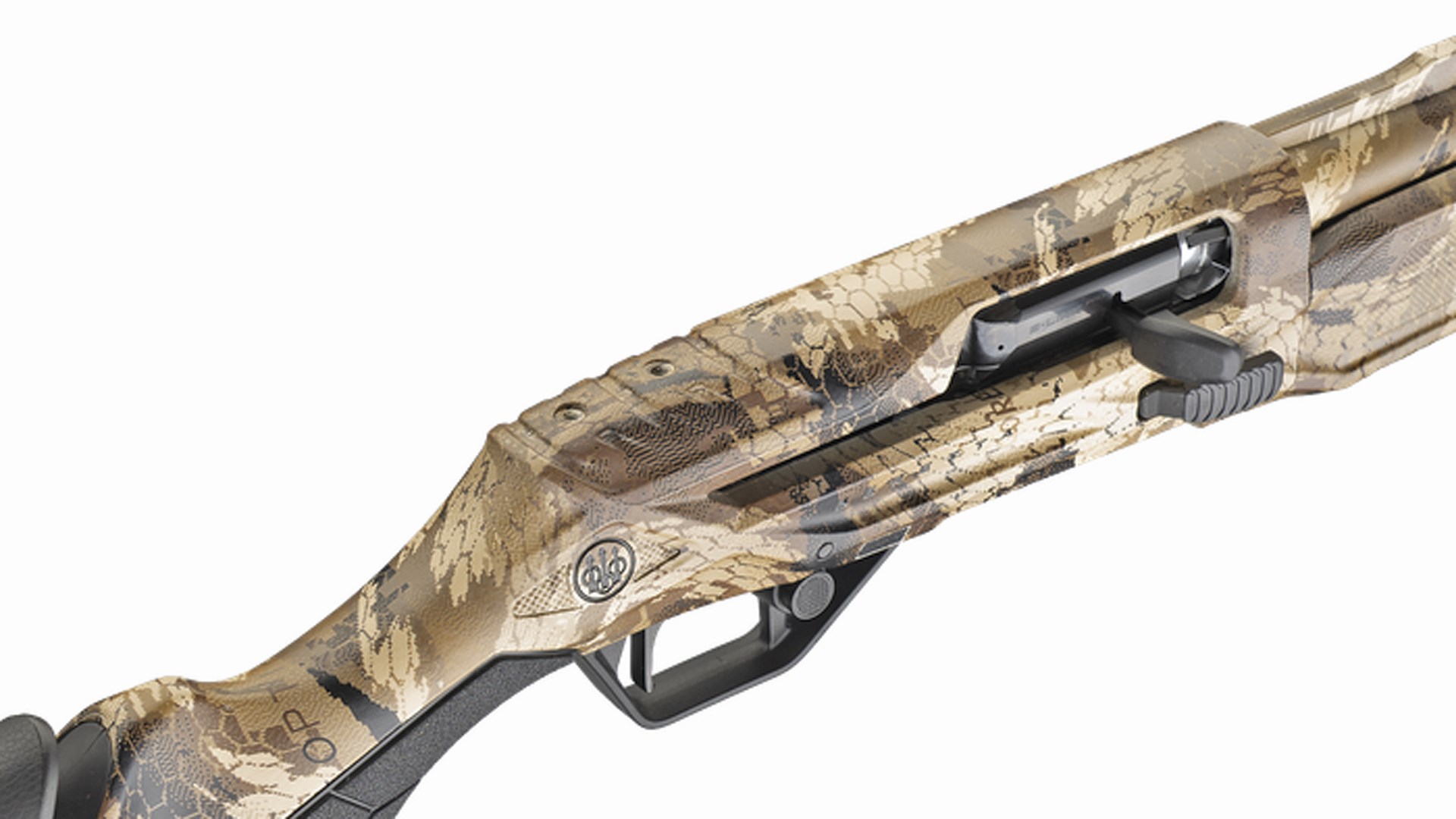 Top view of the Beretta AX800 Suprema shotgun with an Optifade Marsh camouflage.