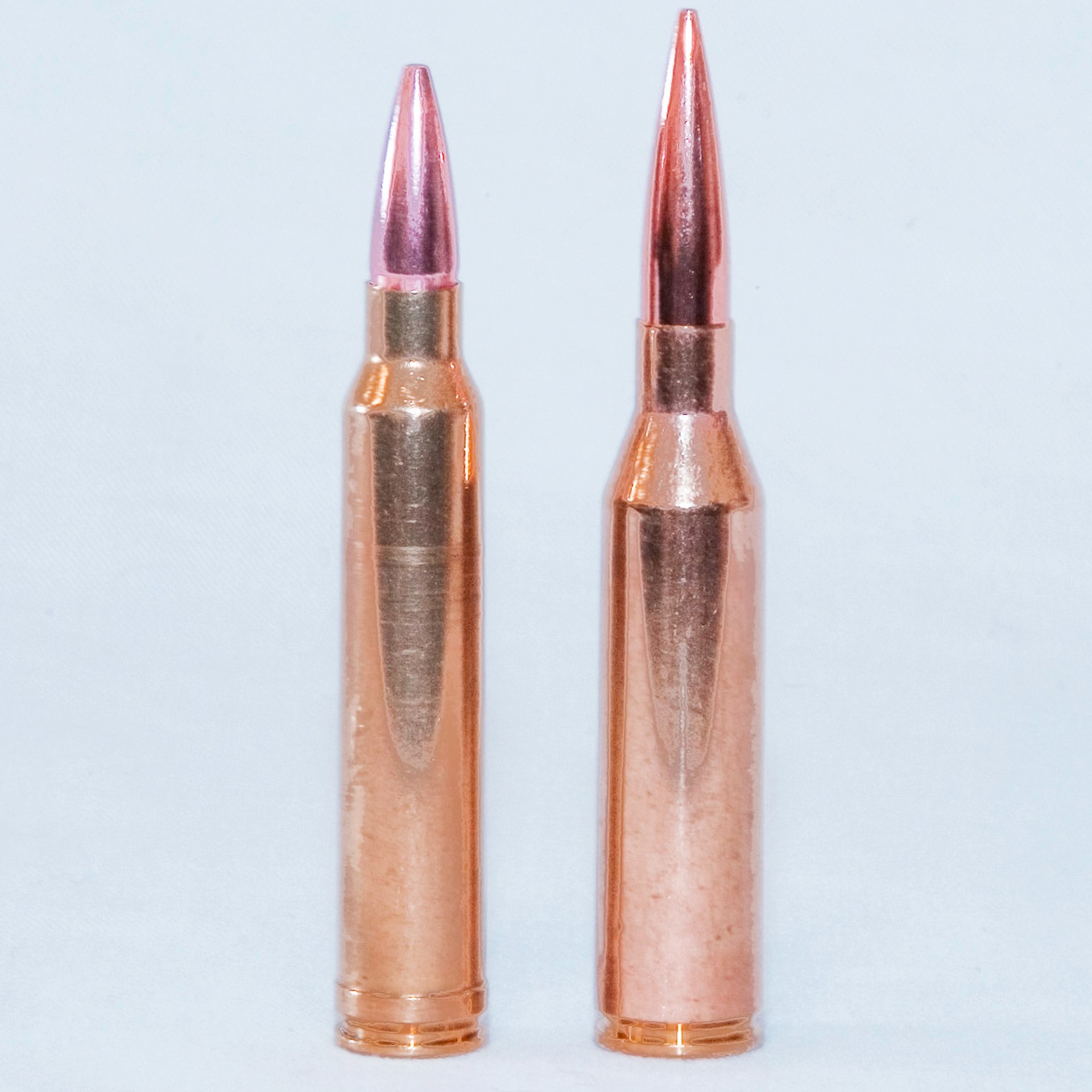 cartridge comparsion two bullets vertical side by side .300 win mag left and 300 norma mag on right brass yellow white background