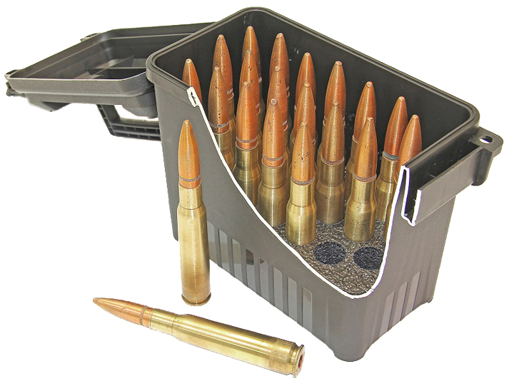 Ammunition can with .50 BMG cartridges standing within.