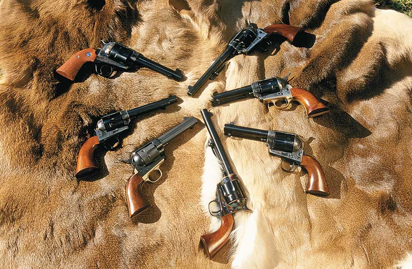 One of the most popular single-actions for Cowboy Action Shooting is the Ruger Bisley Vaquero with a color-case-hardened frame (upper left). However there are lots of wheel-guns to choose from.