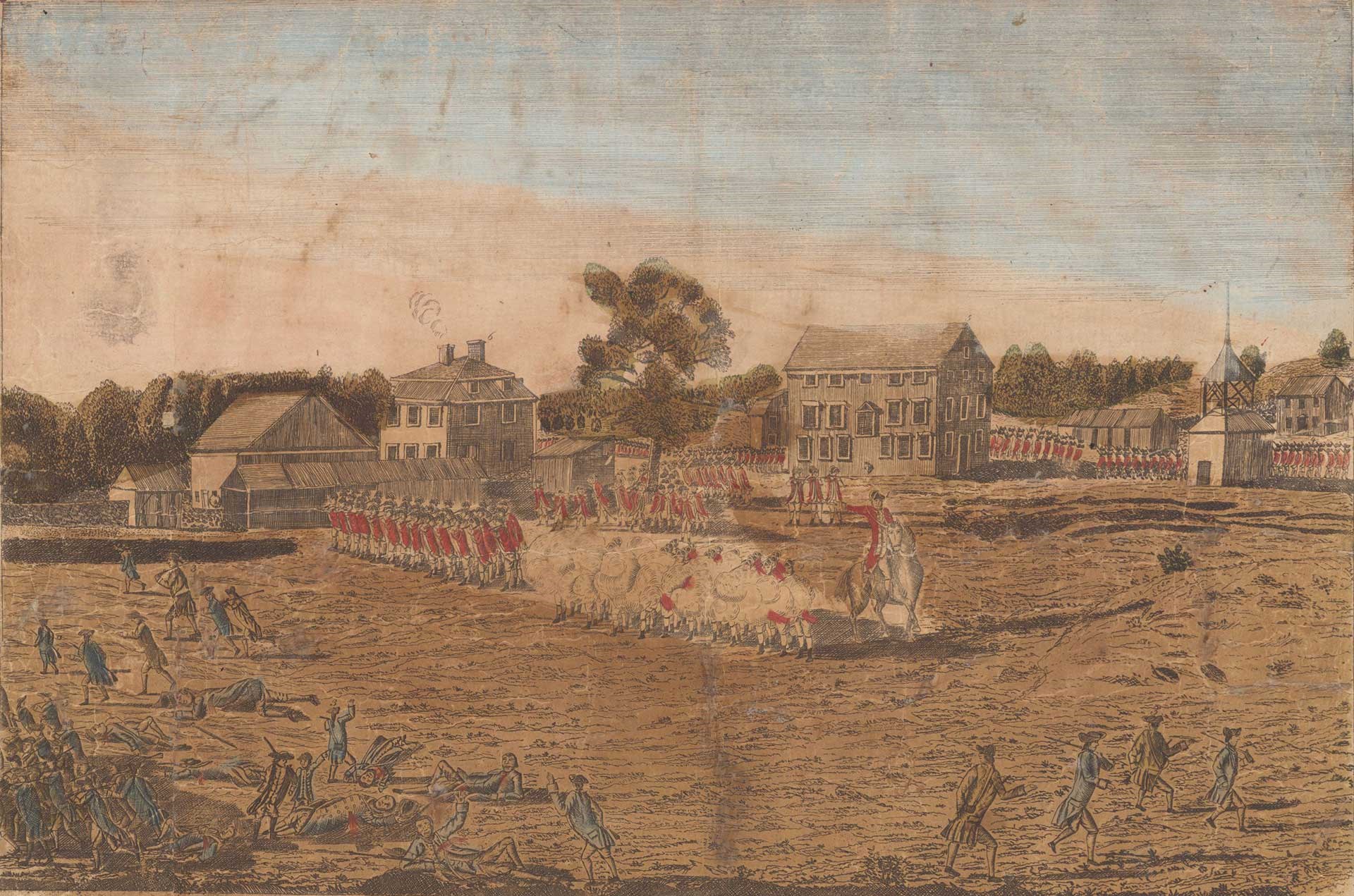 A historical engraving of the fight at Lexington Green on April 19, 1775.