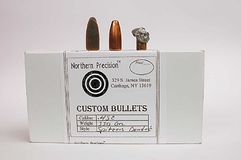 Shown is a Northern Precision ­sectioned .458 bullet, a complete .452 and a recovered .358.