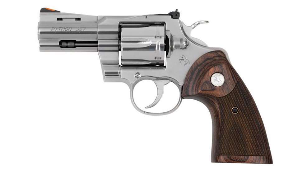 Colt Python 3" stainless steel revolver left-side view walnut stocks gun
