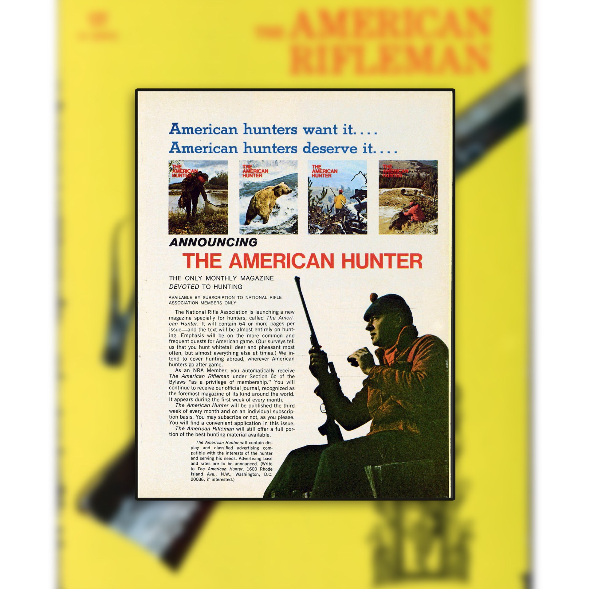 magazine excerpt overlay cover yellow hunting guns hunter outdoors adventures stories announcement new magazine the american hunter