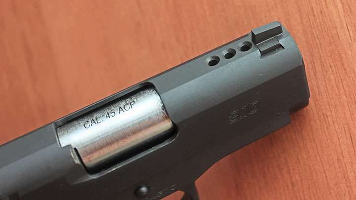 The three gas ports on top of the barrel and slide of the BBR 3.10 to help mitigate recoil.