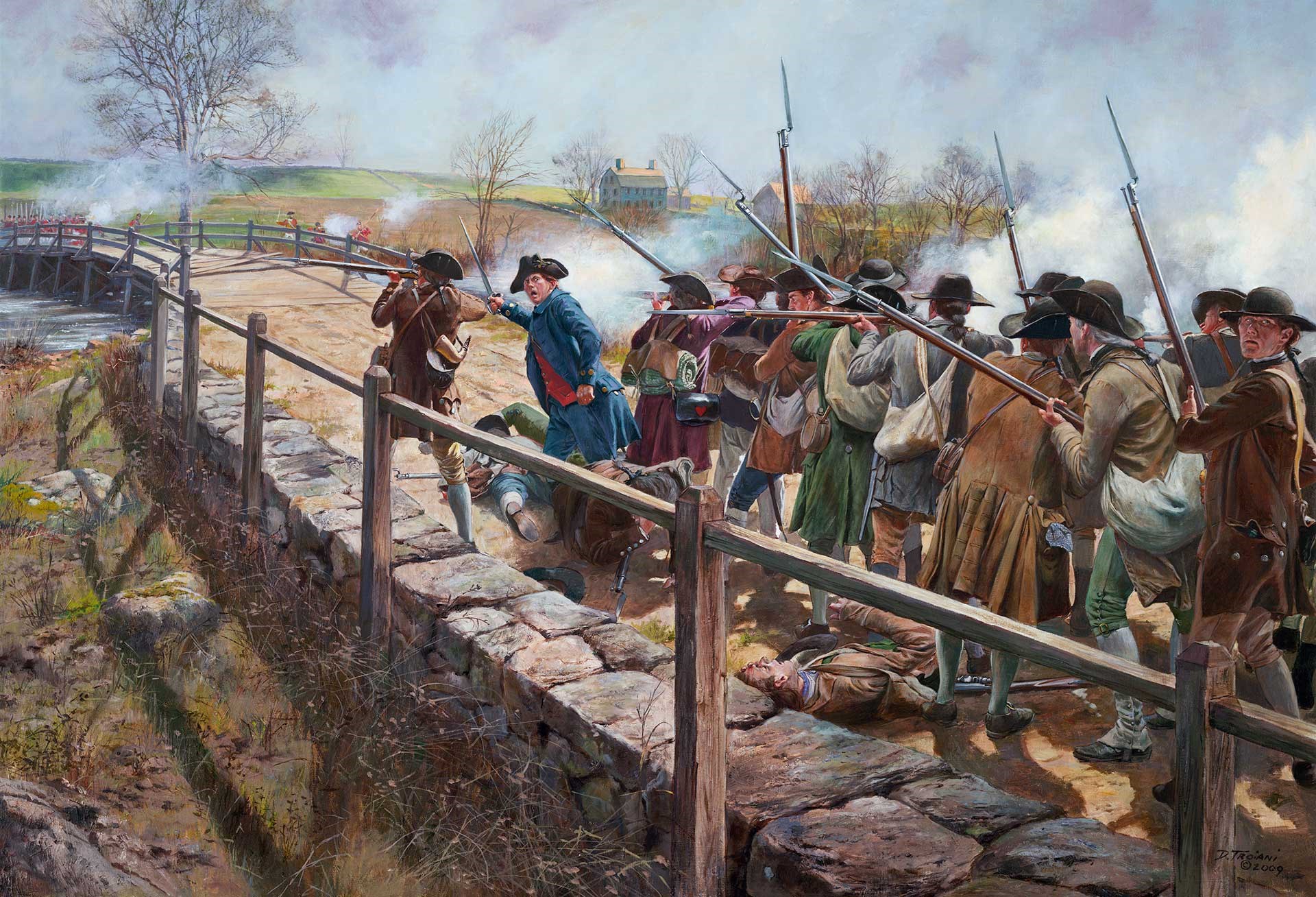 A painting of militiamen charging across Concord's North Bridge on April 19, 1775.