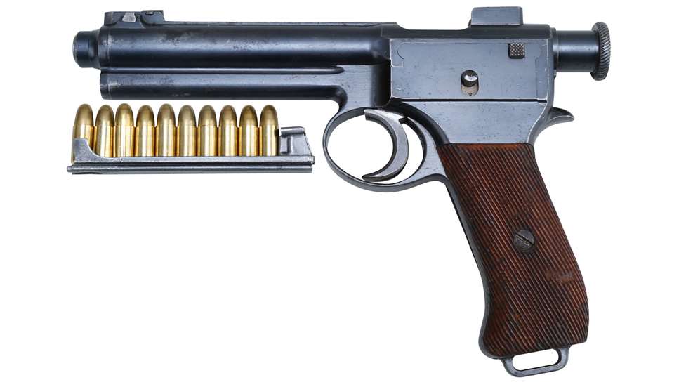 Roth-Steyr Model 1907 left-side view with ammunition clip and bullets