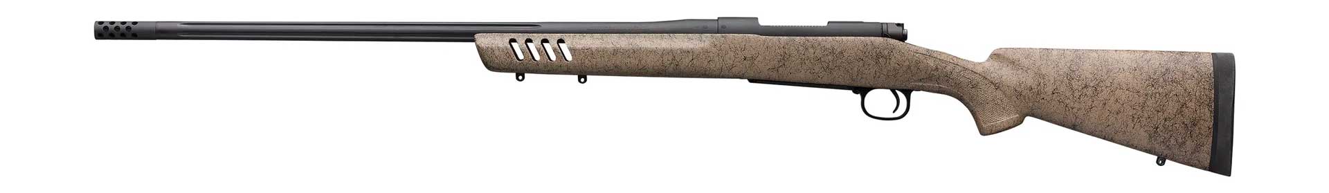 left-side view Winchester Model 70 Long Range MB bolt-action rifle brown stock black metal gun