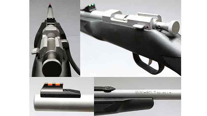 Features of the Henry Repeating Arms Mini-Bolt Youth include fiber optic Williams Fire Sights (top and bottom, left) and a left-side mounted manual safety (top right).