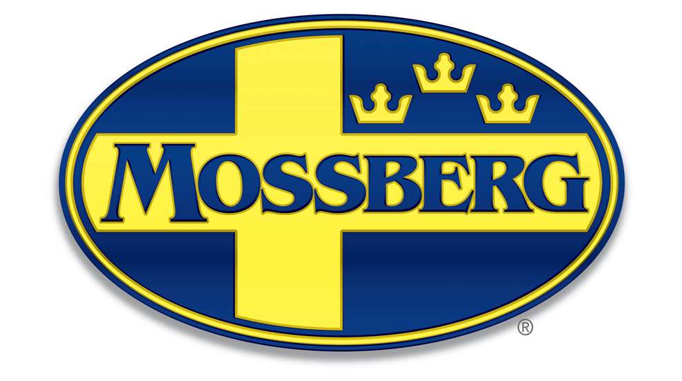 O.F. Mossberg & Sons logo yellow cross blue oval yellow crowns