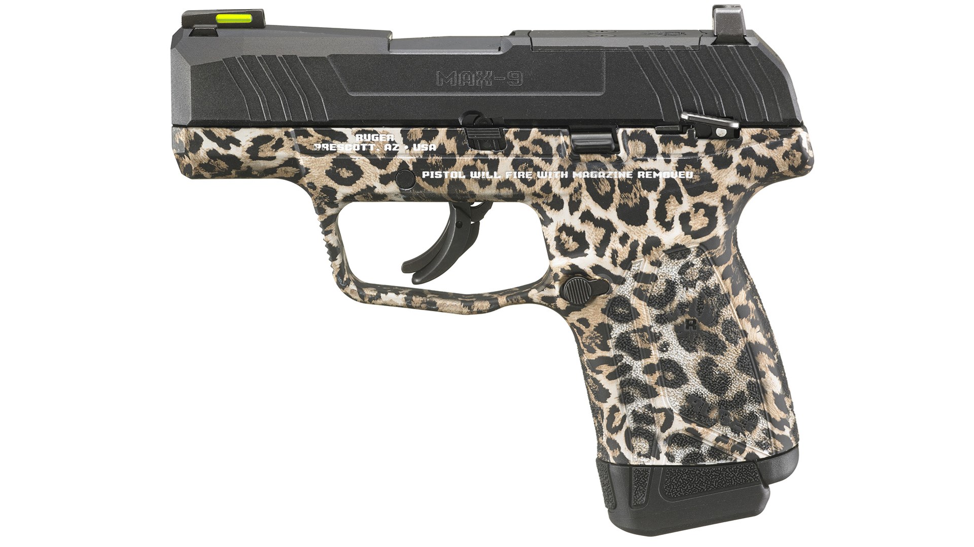 Ruger MAX-9 micro-compact handgun pistol 9 mm luger leopard print gun optic-ready pistol left-side view full size
