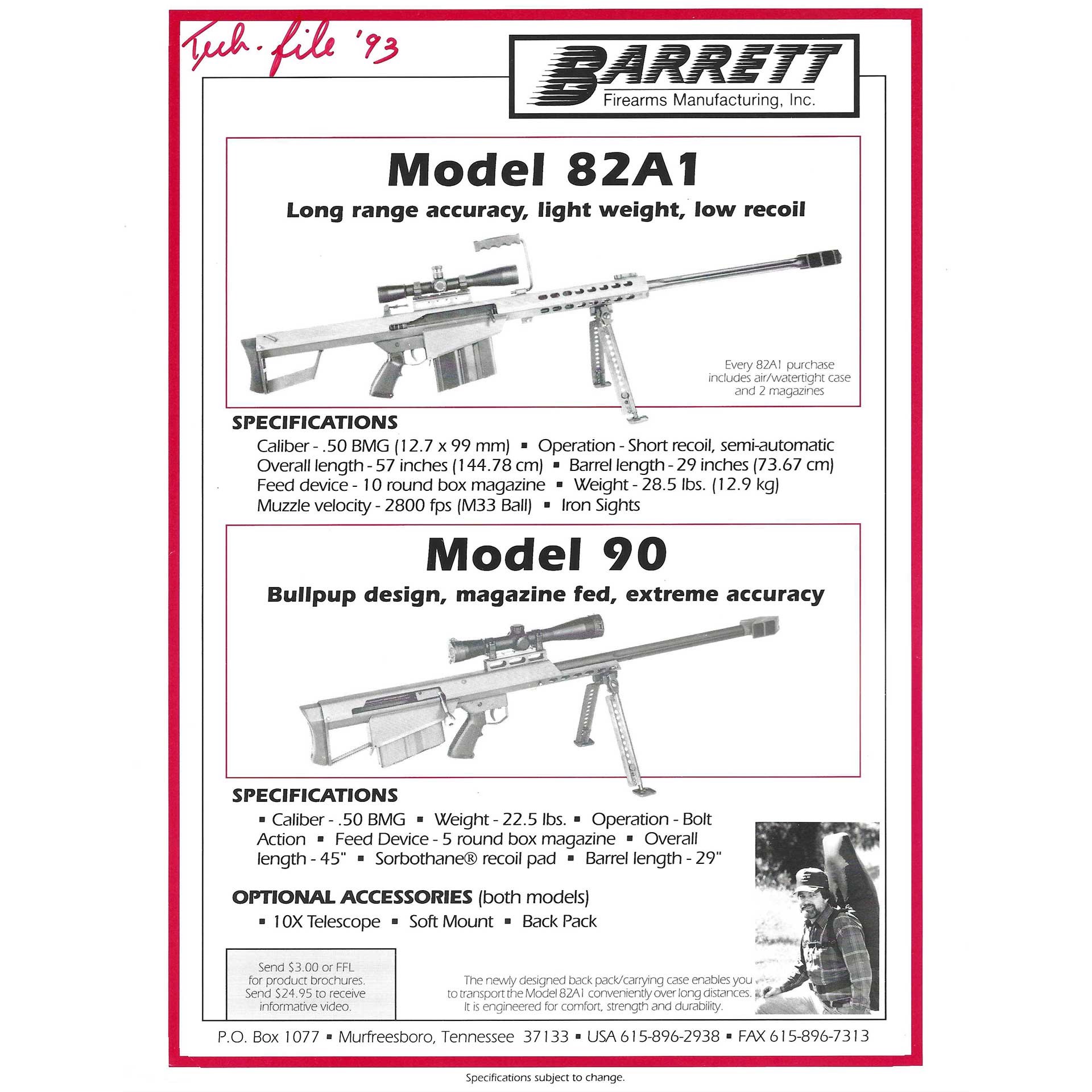 Barrett Firearms advertisement American Rifleman Tech Files Model 82A1 Model 90 semi-auto bullpup rifles