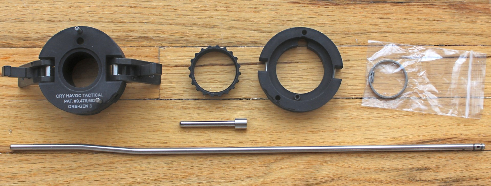 CRY HAVOC TACTICAL QRB parts arrangement on wood gun rifle quick disconnect barrel system rings gas tube