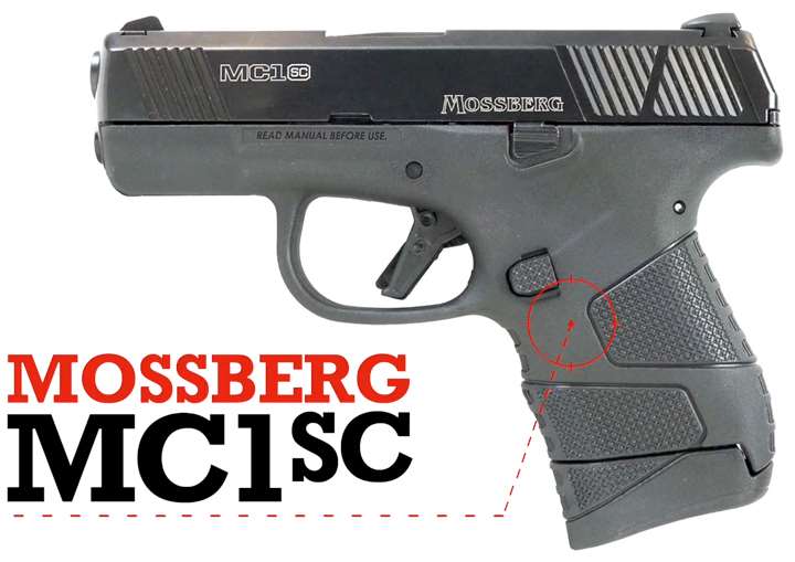 Left-side view on white background of a black Mossberg MC1sc with text calling out make and model/