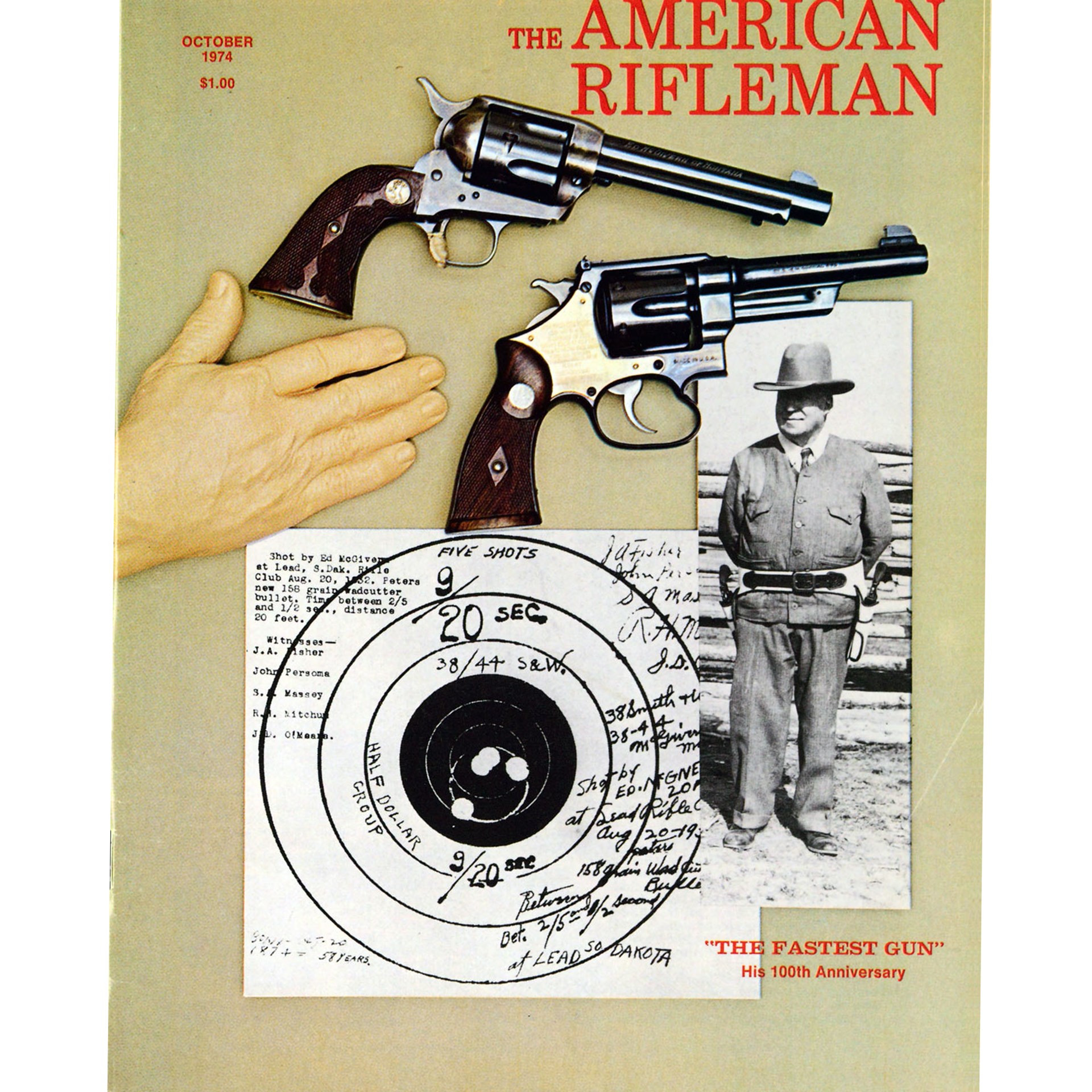 October 1974 magazine cover showing two revolvers a man in uniform and bullseye target with right hand outstreched across page