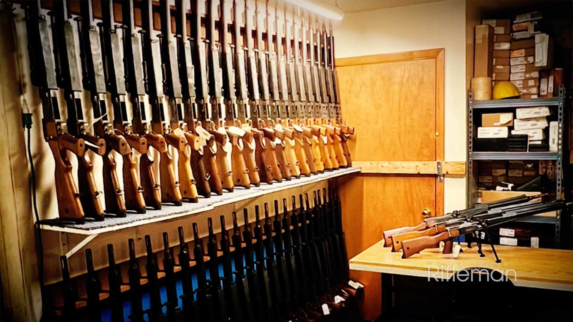 Racks of French FRF2 sniper rifles shown at the Navy Arms warehouse in West Virginia.