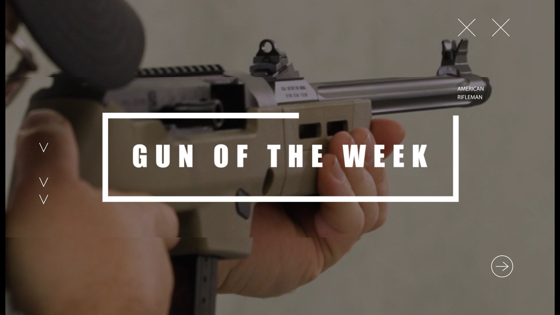 title screen from video text on image noting GUN OF THE WEEK with ruger PC Carbine takedown rifle in background shooting gun rifle indoor gun range