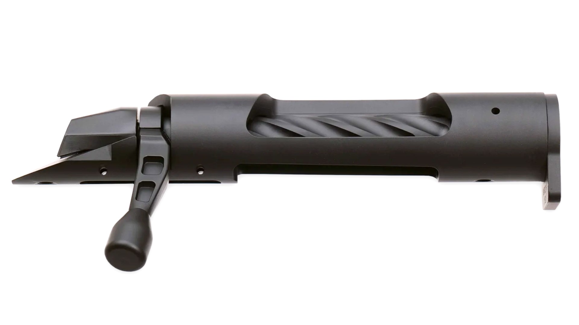 Black bolt-action rifle receiver on white.