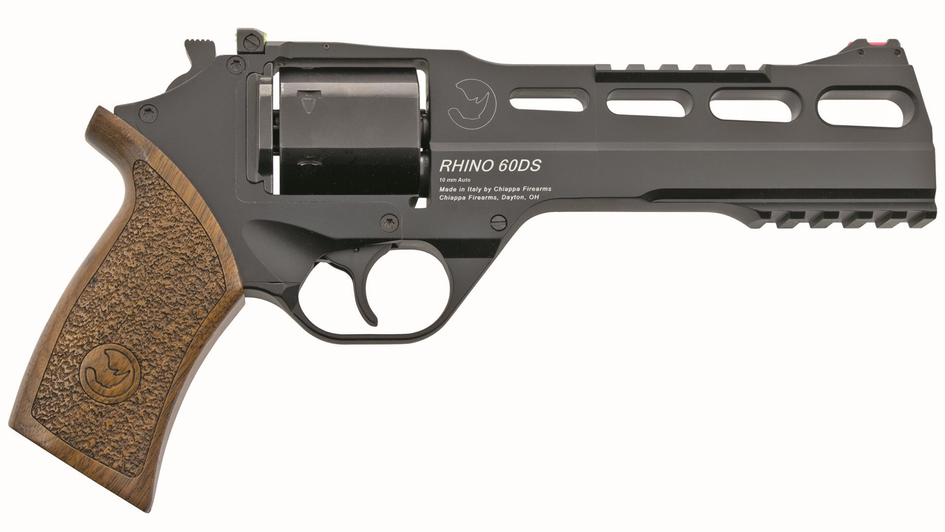 Right side of the 10mm Auto-chambered Chiappa Rhino revolver with an all-black finish.