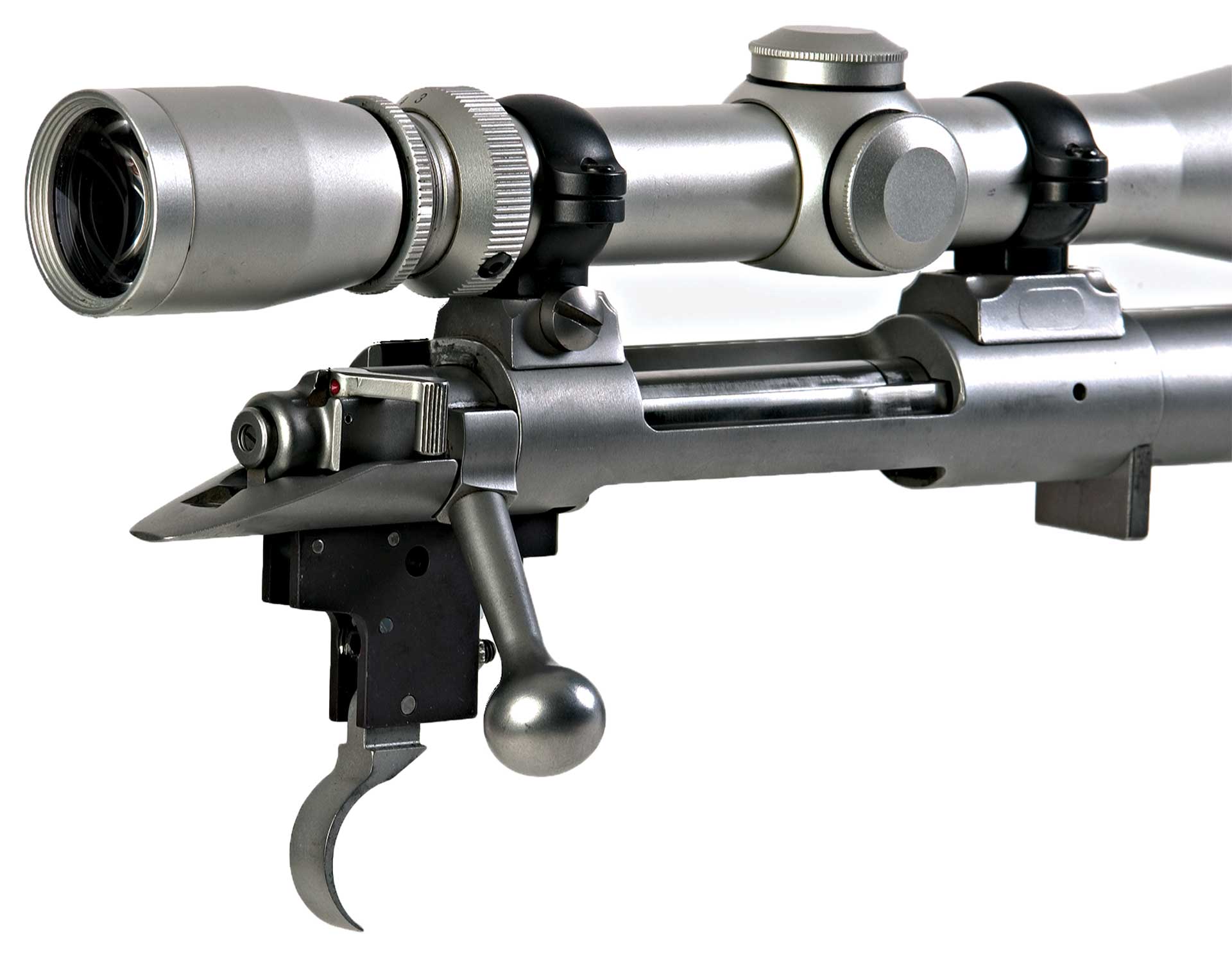 barreled action receiver rifle bolt-action metal stainless steel silver color riflescope
