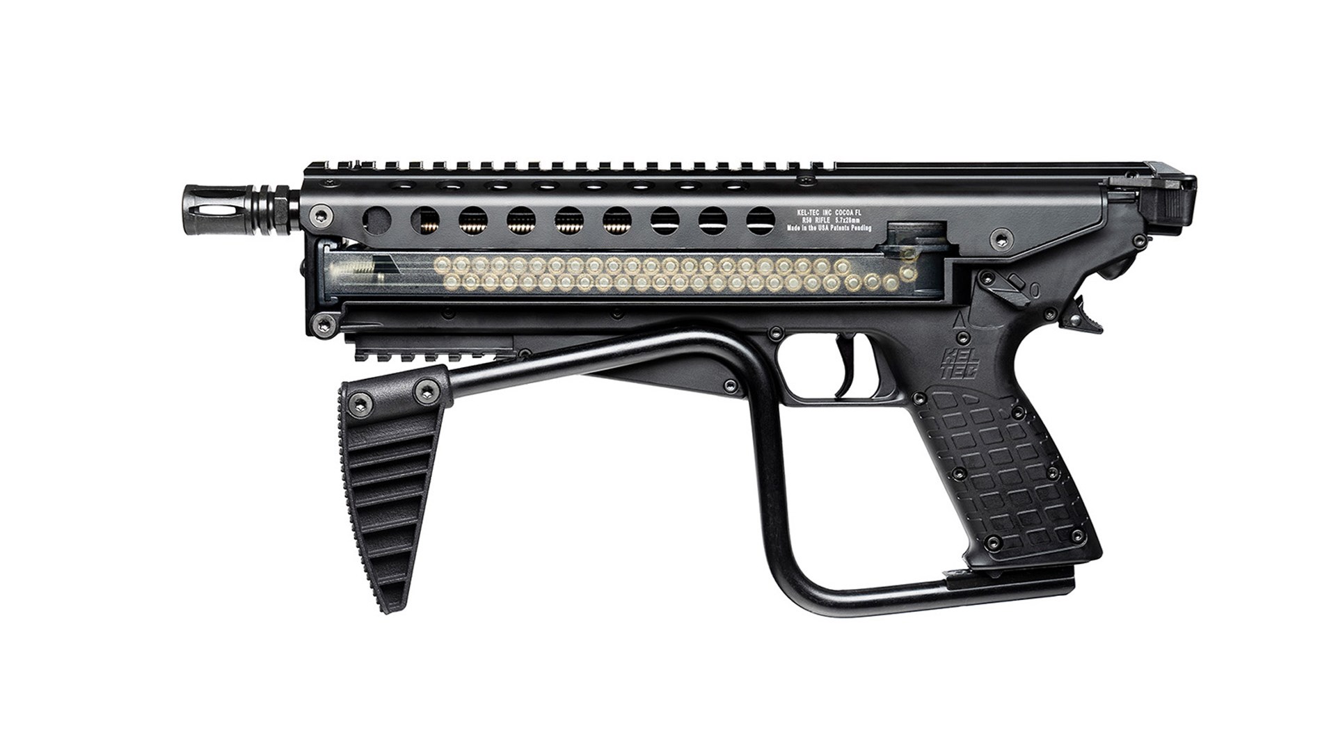 Left side of the KelTec R50 Defender, showing the stock folded.