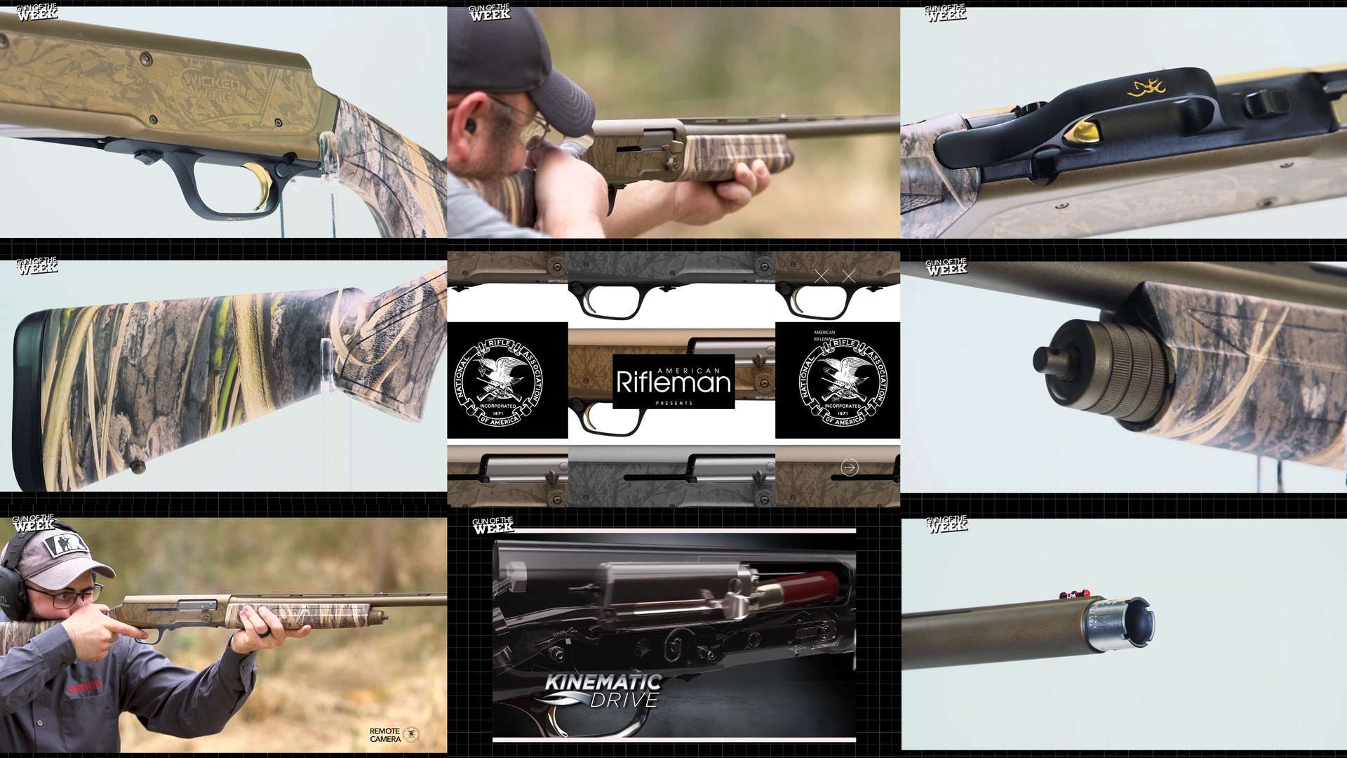 mosaic tiles nine images of browning a5 wicked wing semi-automatic 16 gauge shotgun men shooting outdoors closeup text on image noting AMERICAN RIFLEMAN GUN OF THE WEEK