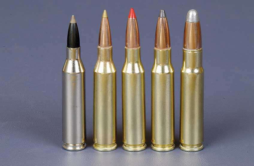 Shown (l. to r.) are the  .243 Win., .260 Rem., 7 mm-08 Rem.,  .308 Win., and 358 Win., a lineup of  factory cartridges based on the .308 Win. case.