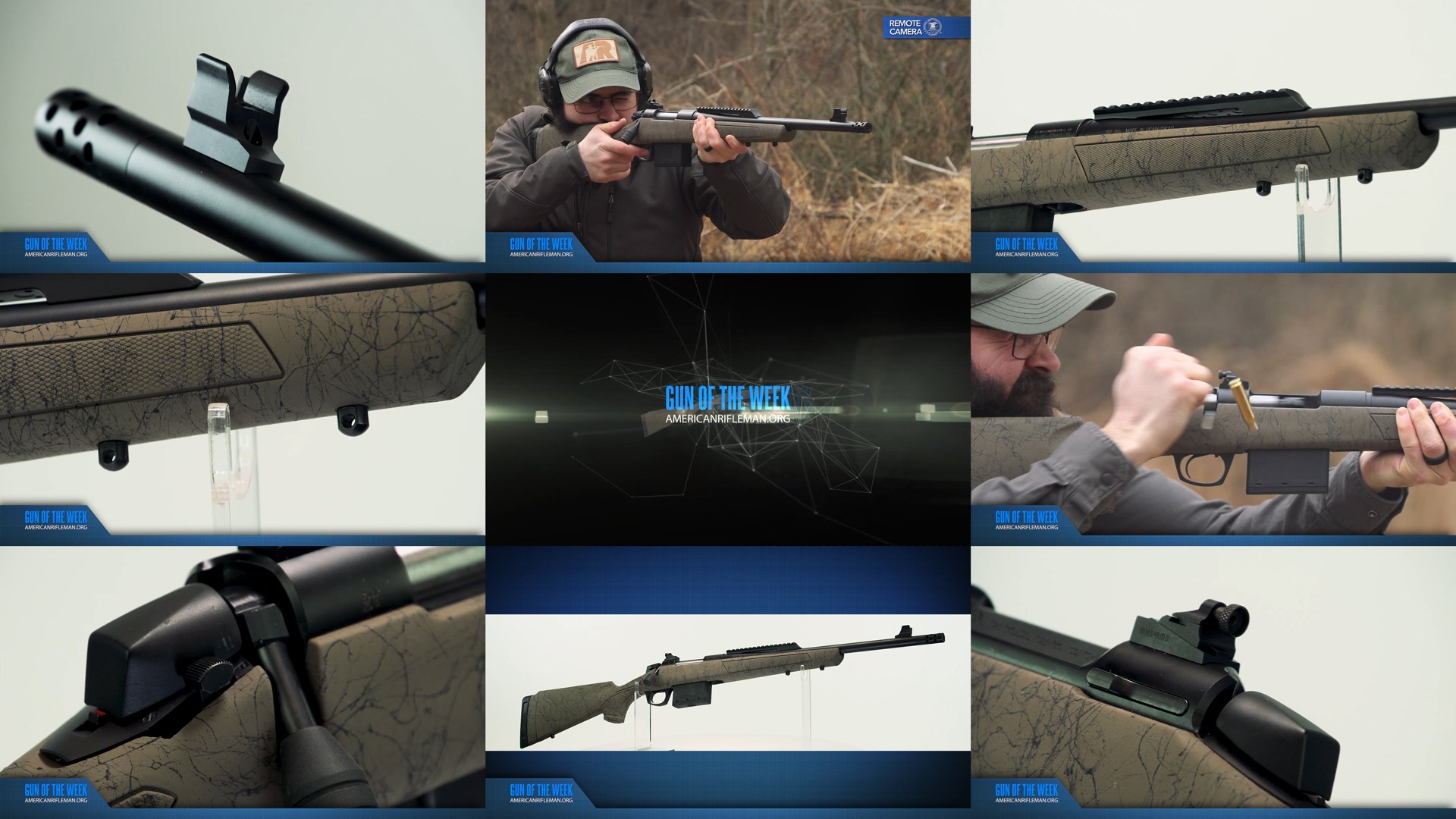 GUN OF THE WEEK AMERICANRIFLEMAN.ORG text on images of CVA Cascade SR-80 bolt-action scout-type rifle man shooting gun detail images composite tiles 9 photo arrangement