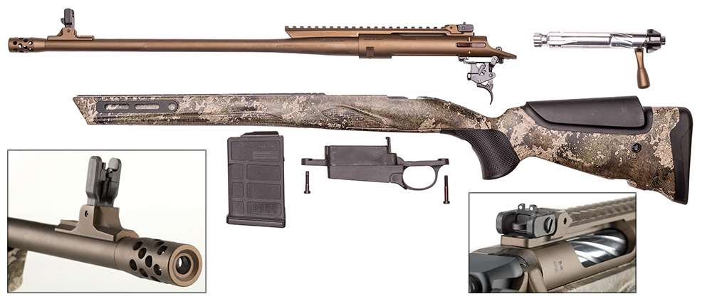 Franchi Momentum All-Terrain Elite disassembled view barreled-action trigger camo stock magazine floorplate shown with inset images detailing muzzle front sight and rear sight