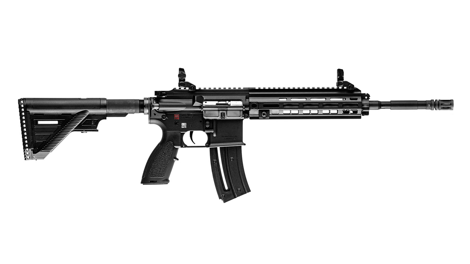 right side HK416 rimfire rifle carbine gun firearm black metal plastic steel