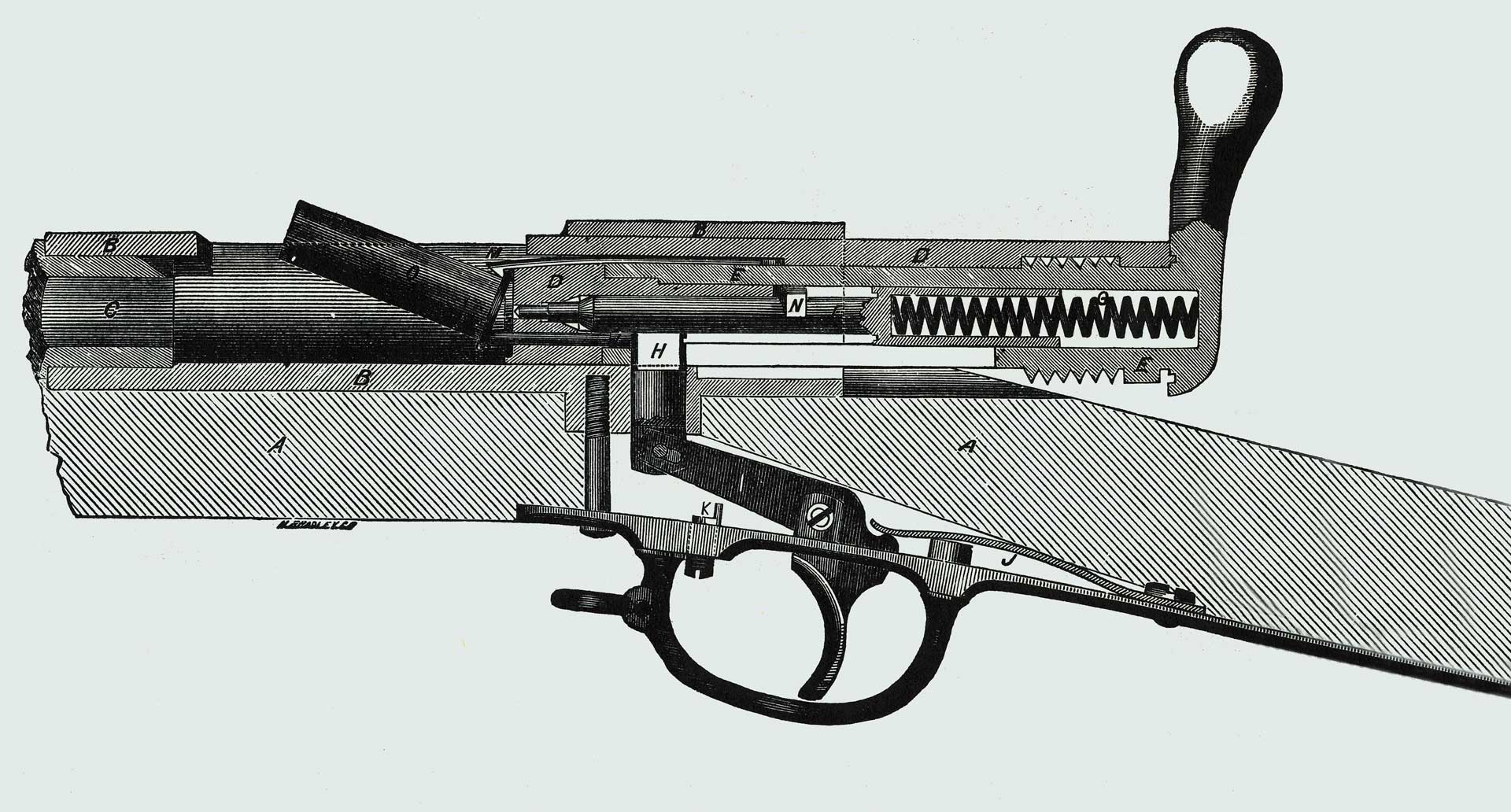 cutaway drawing bolt action ward-burton rifle left side action receiver