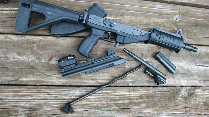 Galil ACE pistol field-stripped. The Galil’s evolution from the long-stroke piston AK is obvious.