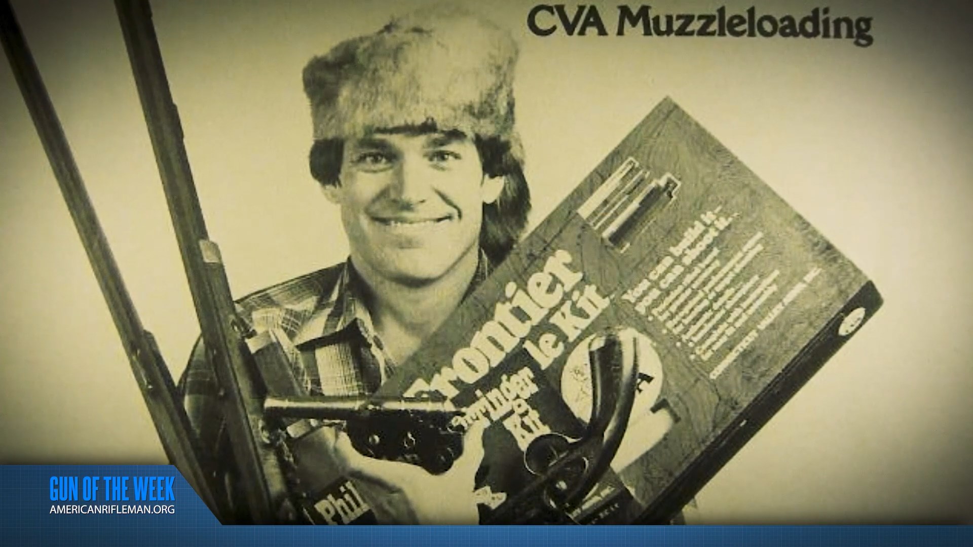 CVA MUZZLELOADING GUN OF THE WEEK AMERICANRIFLEMAN.ORG text on image of man with coon-skin cap holding vintage muzzleloading rifles and cannon box kit