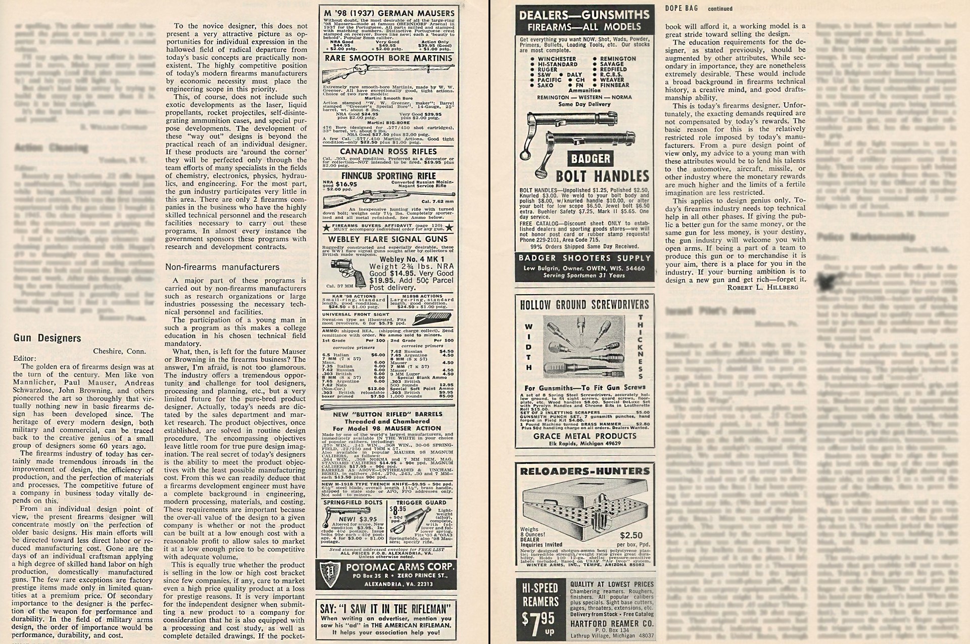June 1966 The American Rifleman magazine pages text throughout ads Hillberg column letter to the editor