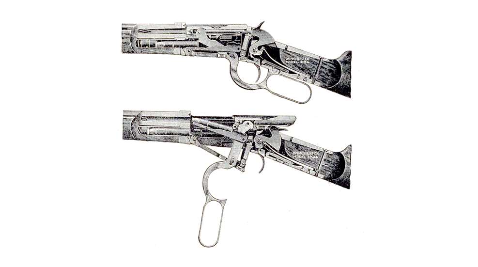 Winchester '94 and subsequent models is one of extreme simplicity, reliable, and fast and easy to operate. Upon dropping the lever, the 'link' drops down, allowing the cartridge to be moved back onto the carrier by the magazine spring. The last lever motion on loading moves 'he carrier up, placing the cartridge immediately in front of the breech bolt.