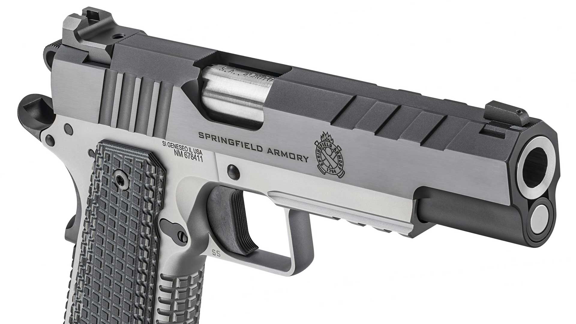 right side quartering view pistol handgun black silver