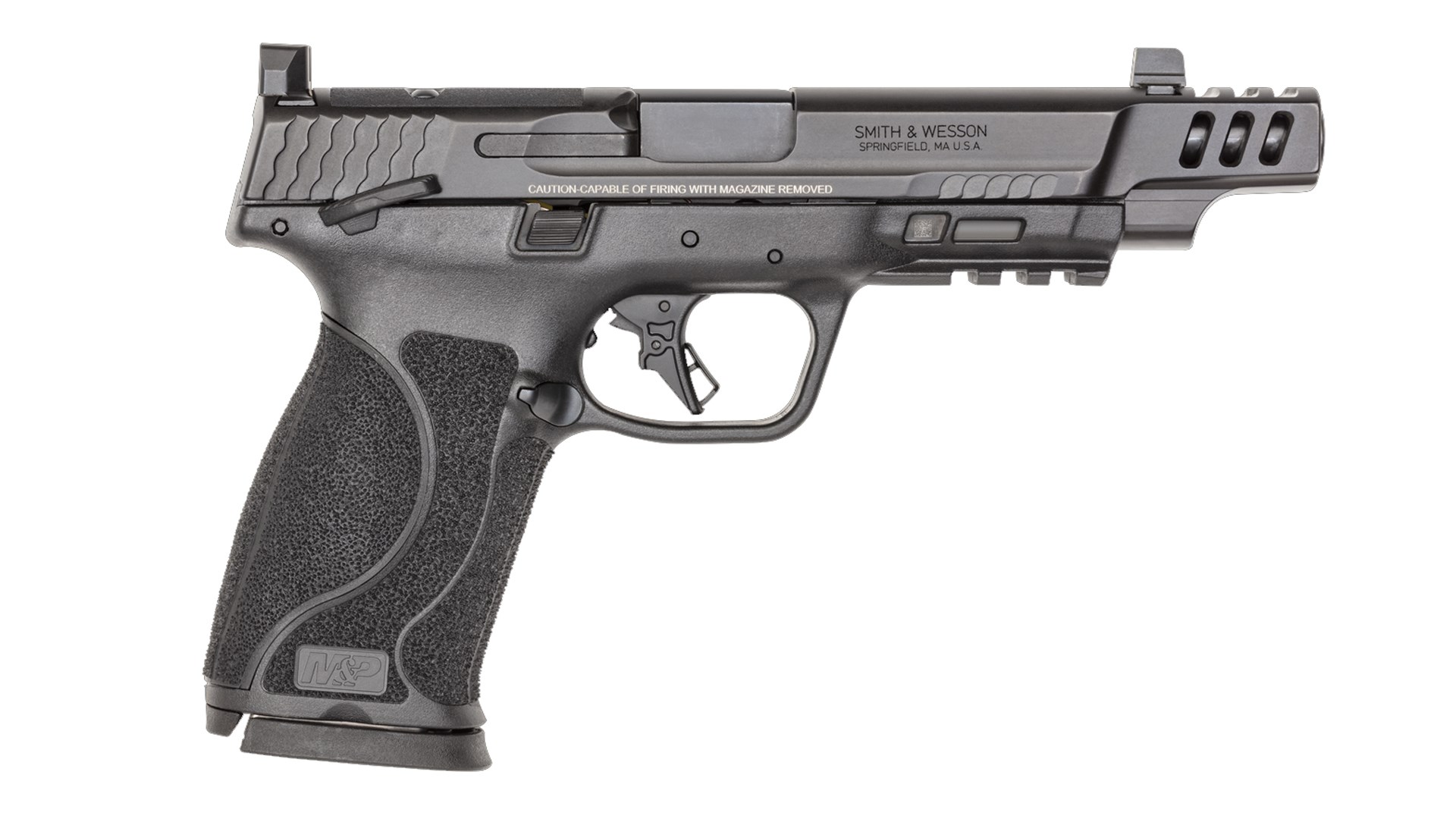 A Smith & Wesson M&P 10 mm Performance Center Edition's right side shown on white.