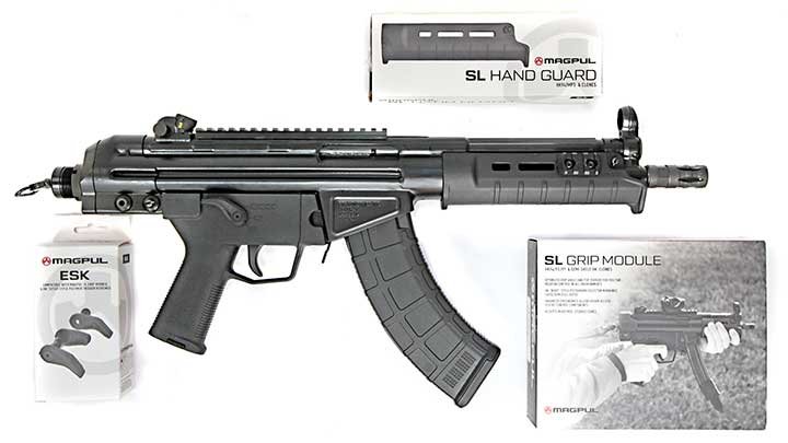 The PTR-32P PDW pistol is compatible with three Magpul accessories designed for MP5-type firearms. This includes the SL hand guard, the SL grip module and the ESK (Enhanced Selector Kit). Because it uses a G3-sized receiver it is not compatible with arm braces designed for MP5-type firearms. The series is supplied with an AK PMAG.