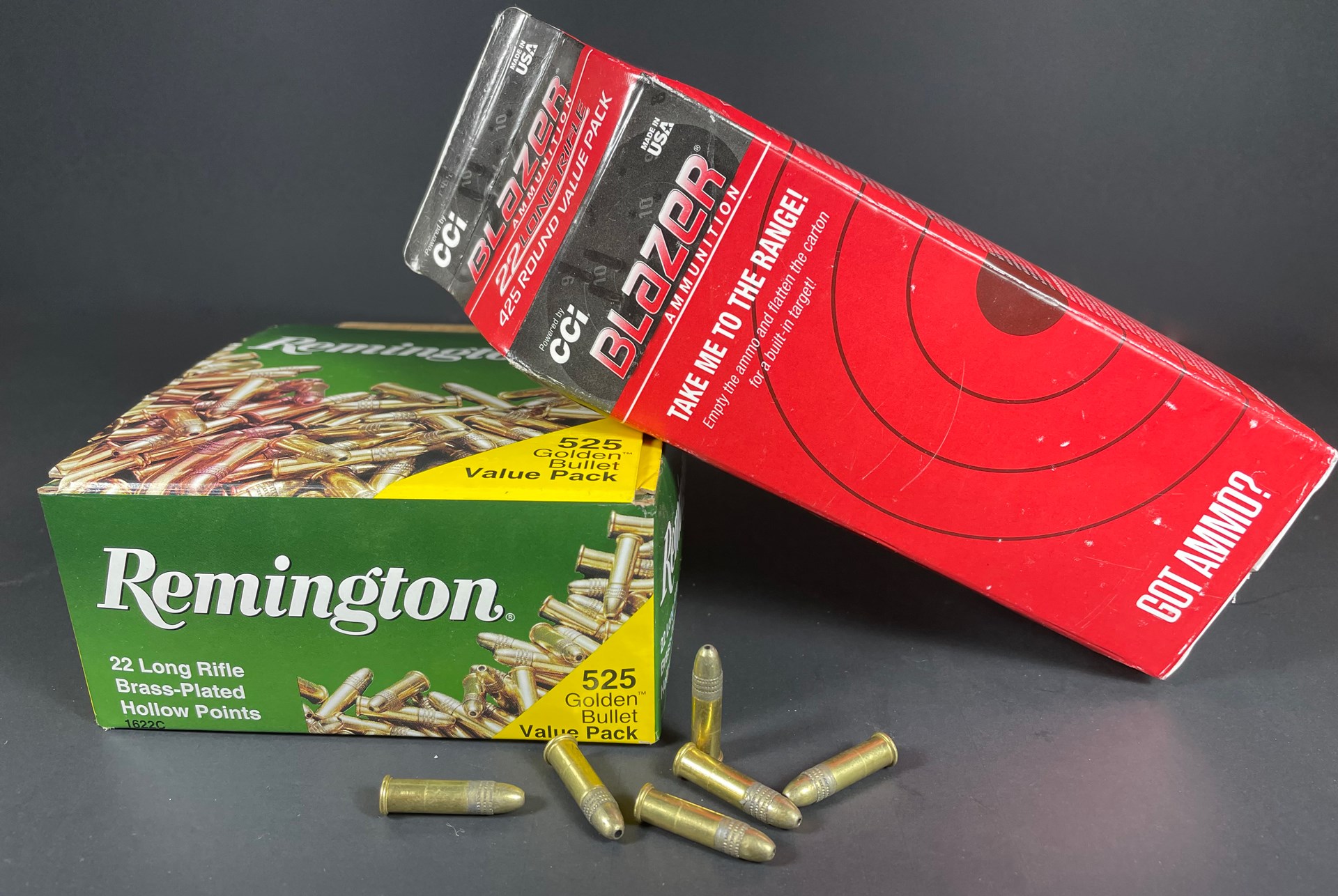 Remington CCI ammunition boxes 22 lr bullets gray background