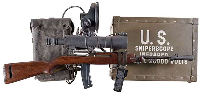 Right-side view of 1950s-era T3 carbine along with U.S. Sniperscope box in the background.