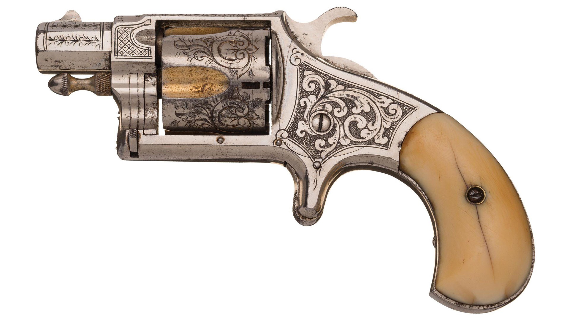 Left-side view of Hopkins & Allen XL No. 6 revolver gold-plated cylinder engraving ivory stocks