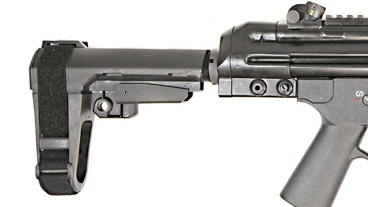 The PTR-32 pistol has a receiver end cap that is threaded for the attachment of AR-15-type arm braces. The SB Tactical SBA3 is pictured.