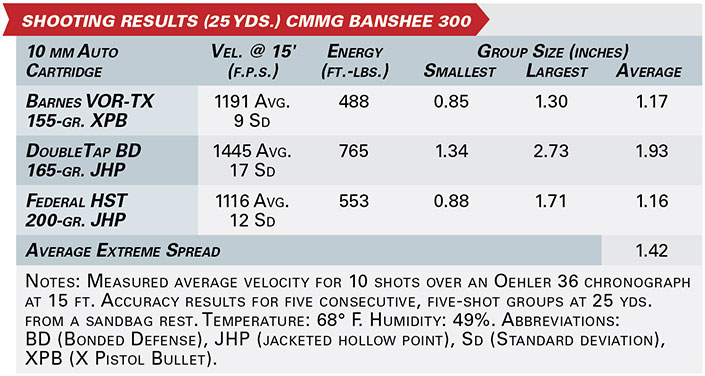 Accuracy and velocity data chart for CMMG Banshee 300 pistol.