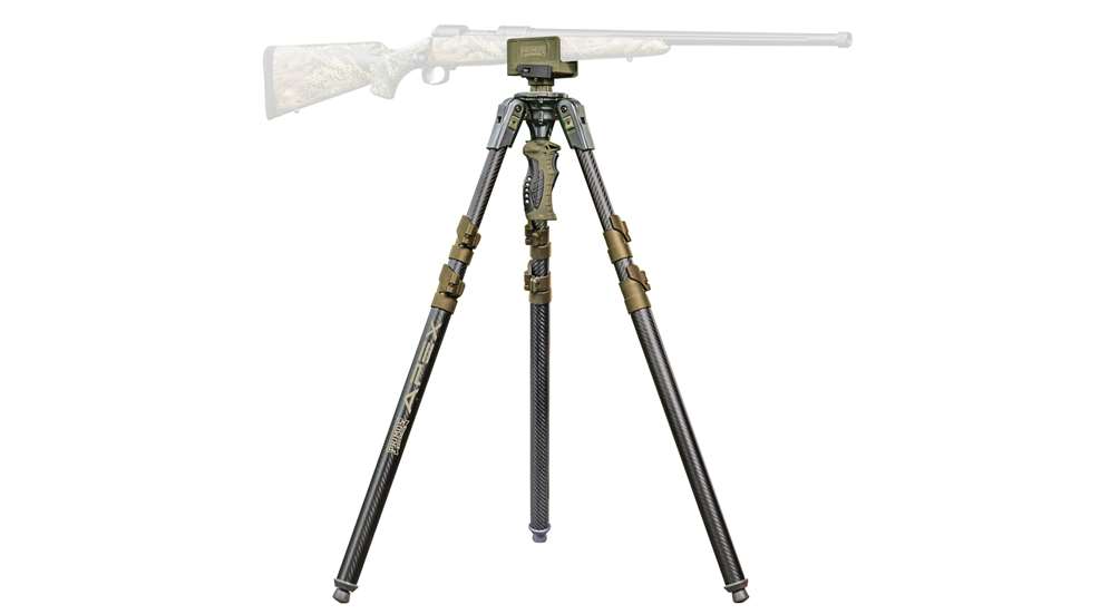 Primos Trigger Stick Apex Carbon Fiber Tripod ghosted image of gun cradle three legs shooting support