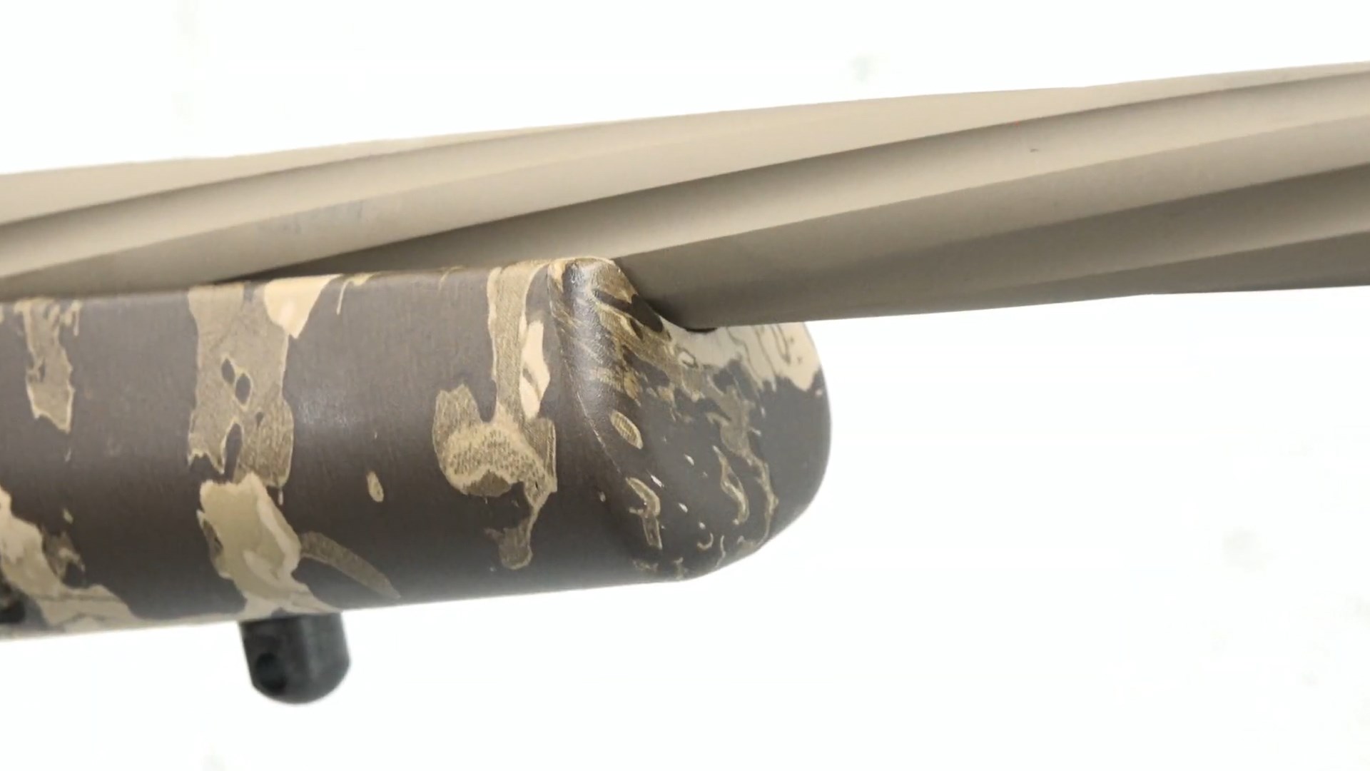 Weatherby Vanguard bolt-action rifle barrel closeup fluting spiral camouflage fore-end stock