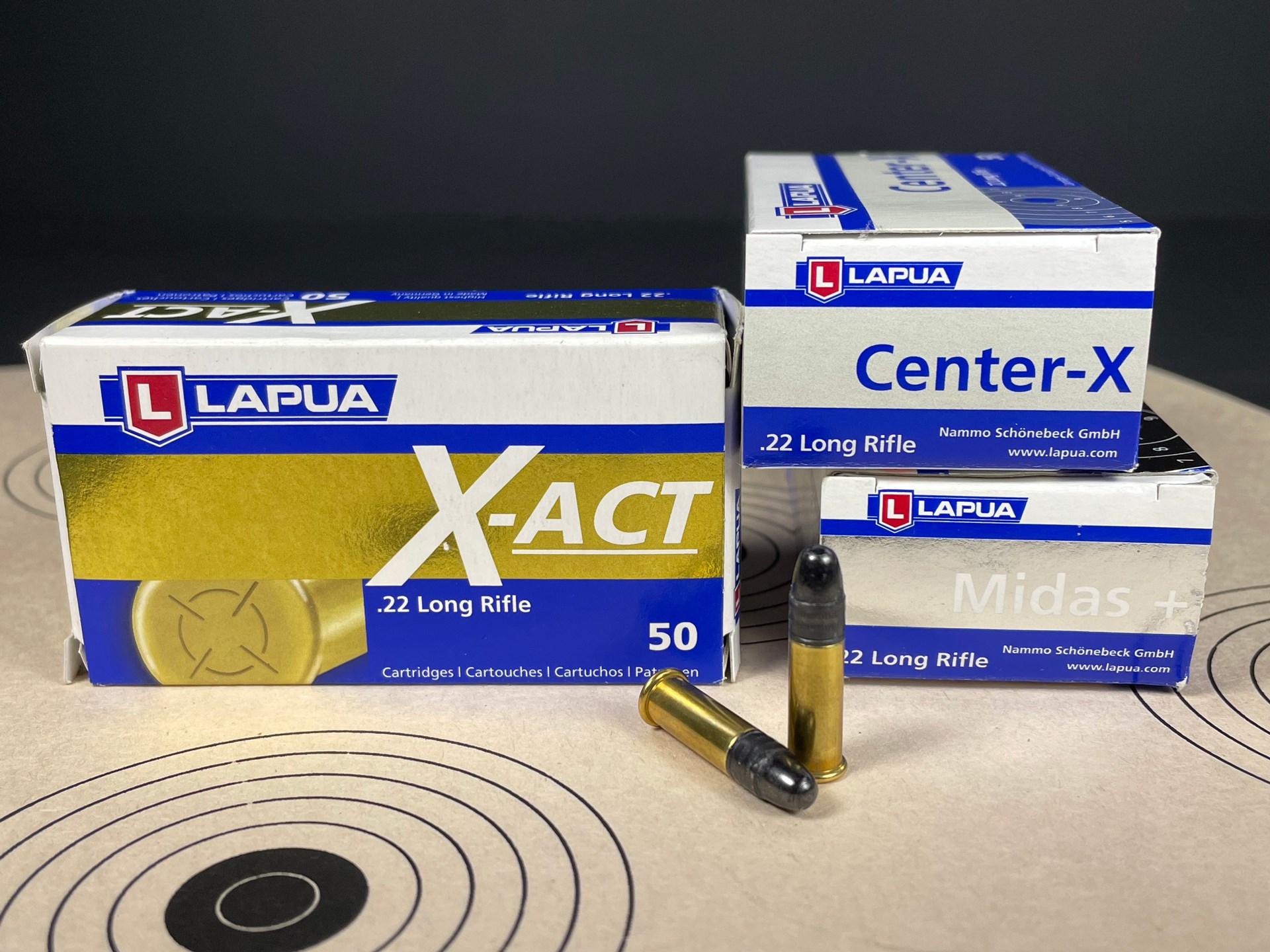 Lapua ammunition .22 LR ammo bullseye targets boxes stacked