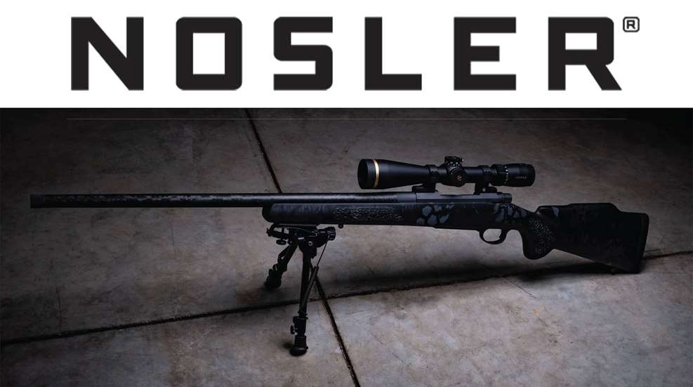 Nosler logo with bolt-action rifle on concrete floor shown with bipod and leupold rifle scope