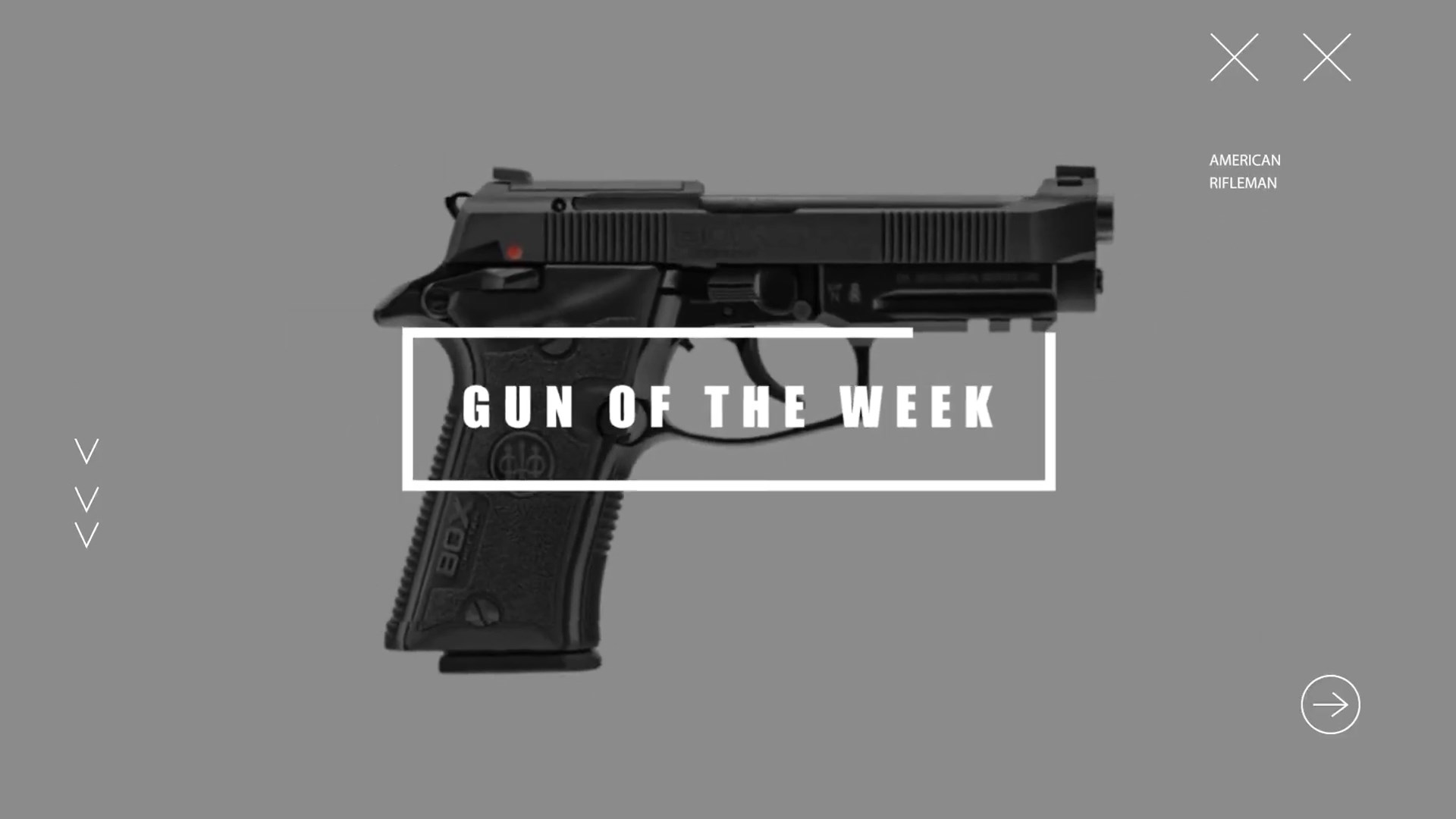 Beretta 80x Cheetah gun pistol right side black in background with text box overlay GUN OF THE WEEK AMERICAN RIFLEMAN XX arrows