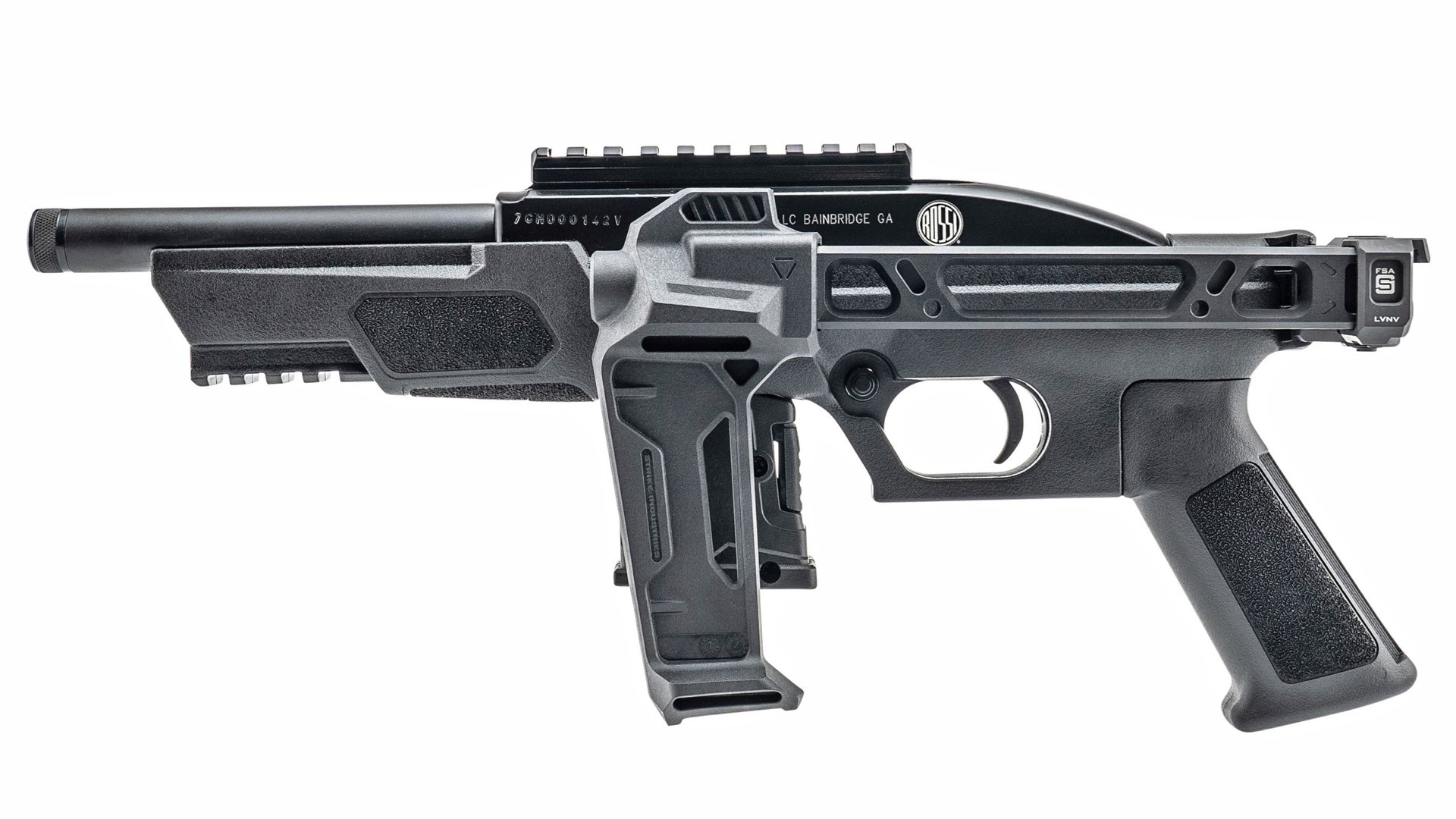 Left side of the Rossi RS22 pistol with a folded Strike Industries stabilizing brace.