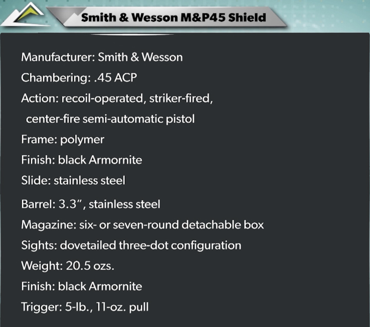 Specification table for Smith &amp; Wesson M&amp;P45 Shield pistol.